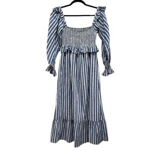 Frances Hart Blue White Stripe Smocked Square Neck Maxi Dress Womens XS